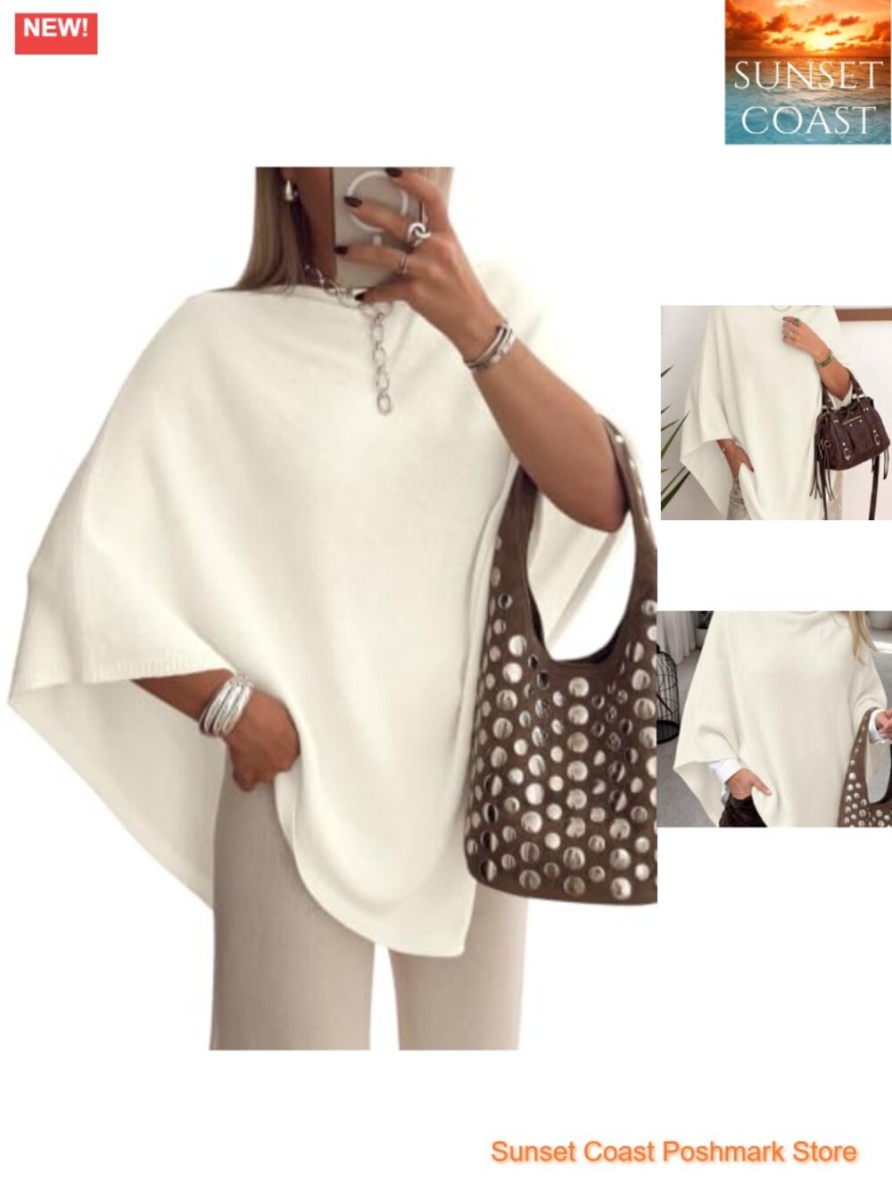 Womens Knit Poncho Sweater Boat Neck Batwing Sleeve Cape Shawl Wrap